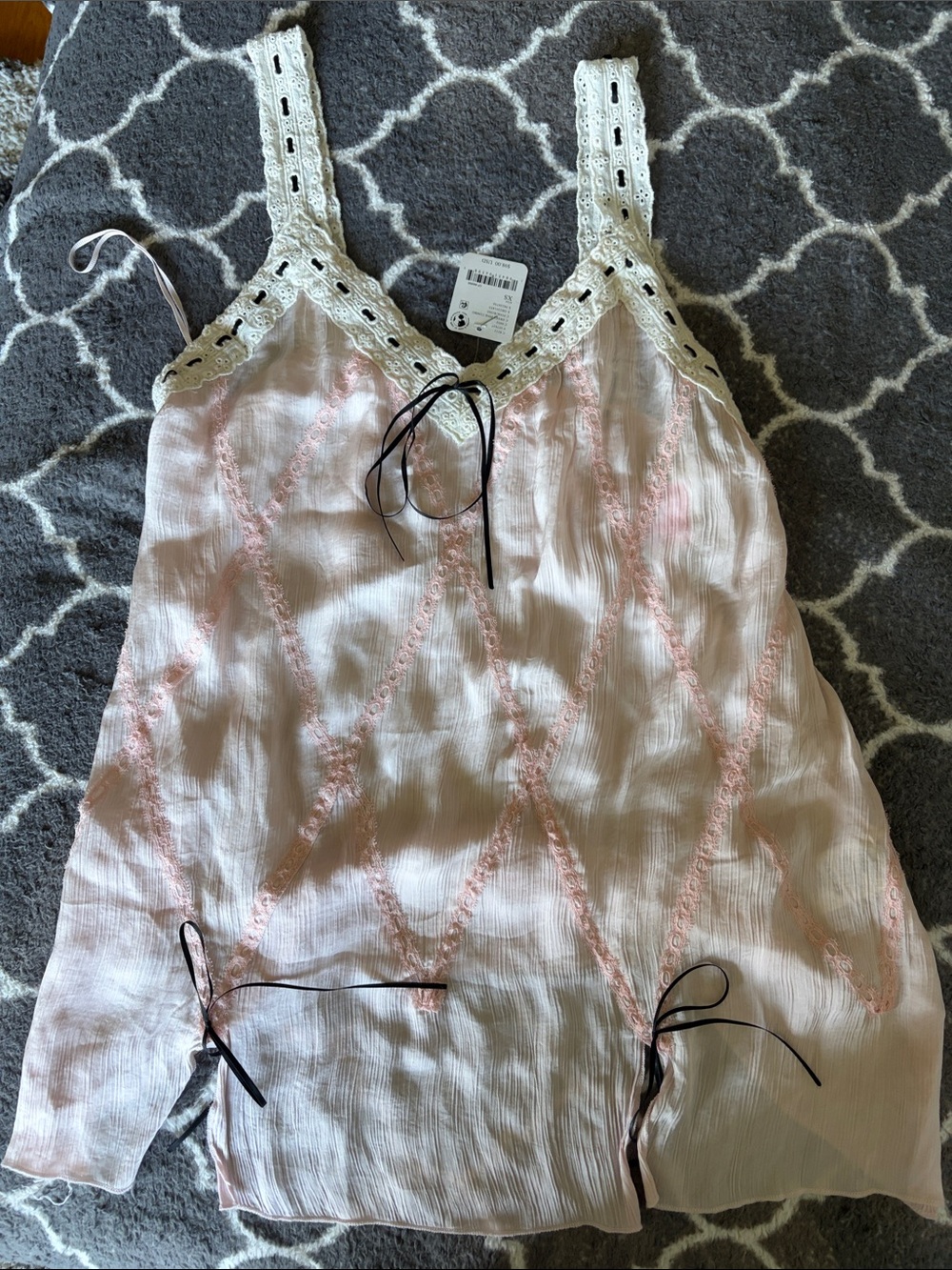 Free People Pale Pink Lace-Trim Sleep Slip with Black Ribbon